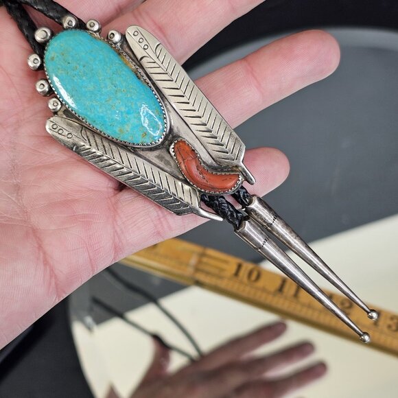 Navajo Turquoise And Coral Sterling Silver Bolo Tie Signed. USA Native American - Picture 15 of 15